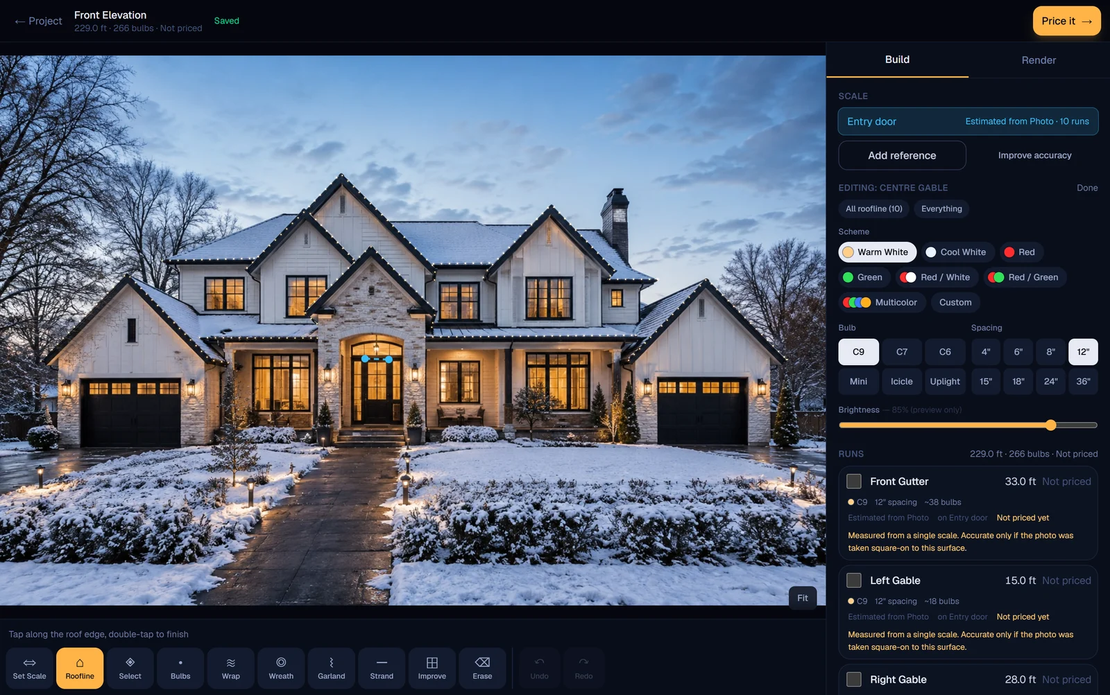 The C9X PRO build workspace: the property photo with traced runs, beside a panel listing each run with its product, color, spacing and footage