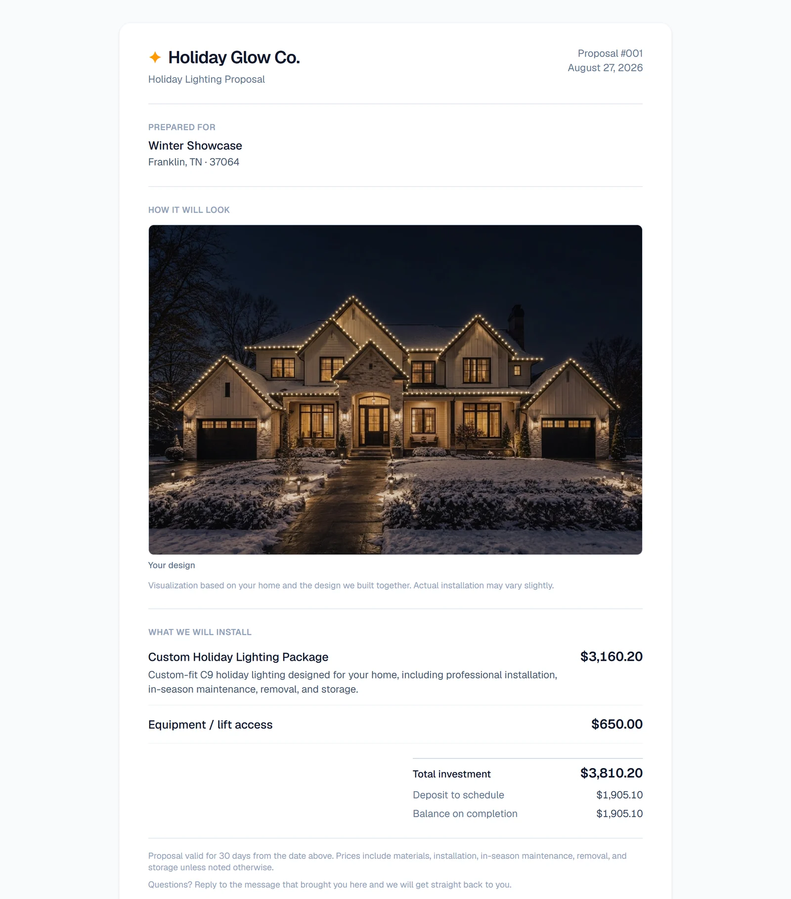 The customer-facing proposal: the night render, one package price, the equipment line, total investment, deposit and balance