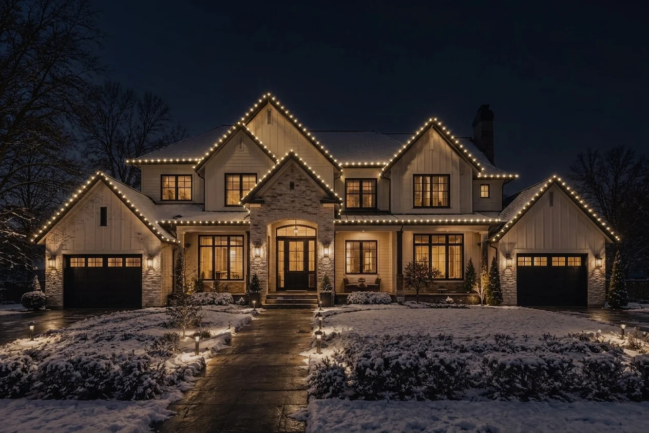 The same house at night with warm white C9 lighting along every roofline, generated by C9X PRO